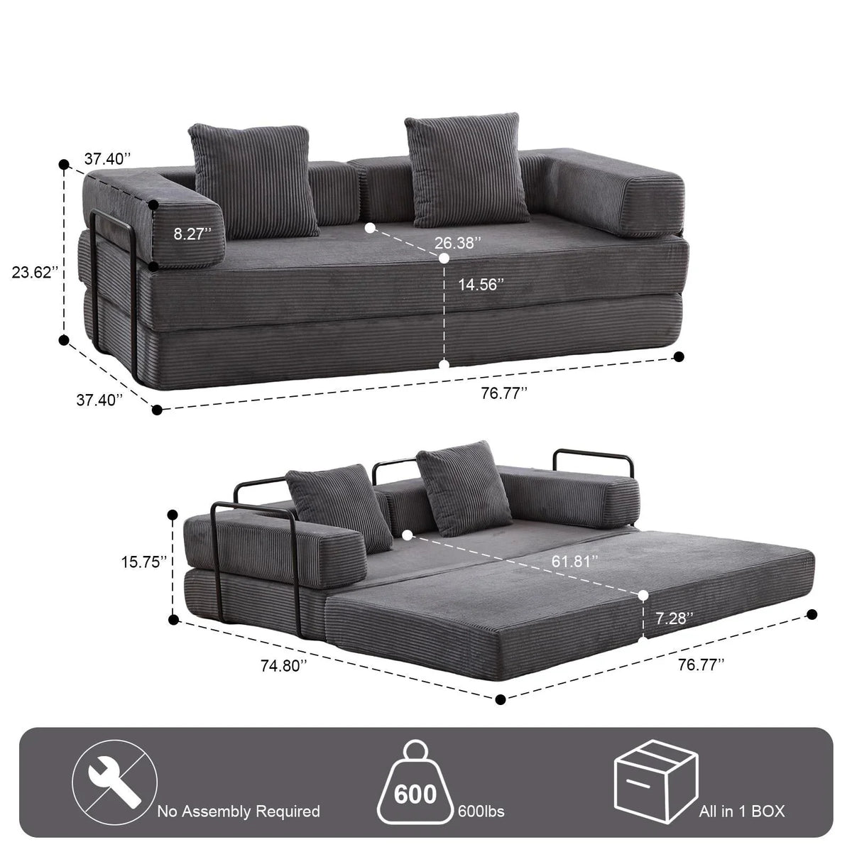 Umwandelbares Bodenschlafsofa mit Rückenkissen, Chenille-Gewebe für Wohnzimmer Schlafzimmer