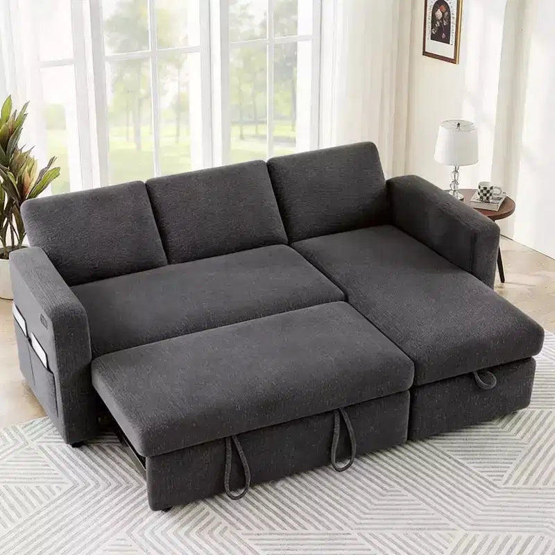 2-in-1 Schlafsofa zum Ausziehen mit Stauraum-Recamiere, Chenille-Ecksofa mit USB-Anschlüssen für das Wohnzimmer