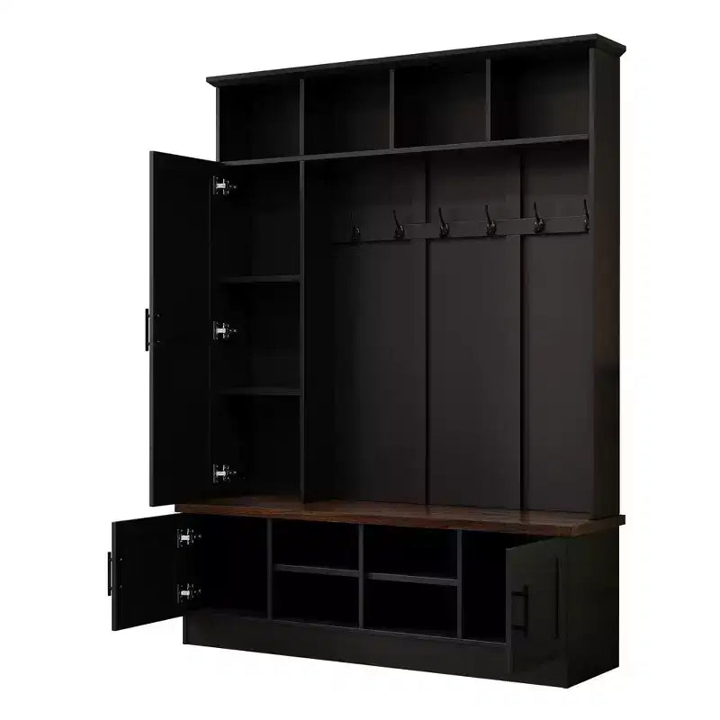 Garderobenbaum mit Schuhbank, multifunktionale Garderobe mit 6 Haken, Garderobenständer aus Holz mit Schuhaufbewahrung für Flur und Wohnzimmer