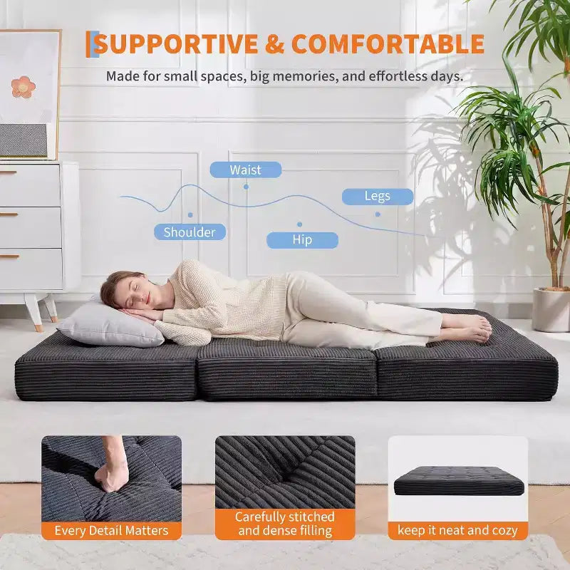 SunnyFurn 6 Zoll Dreifach-Klappmatratze Schlafsofa, 75x54,3 Schaumstoff-Gästebett mit getuftetem Cordbezug, tragbar für Camping, Wohnzimmer, Schlafzimmer