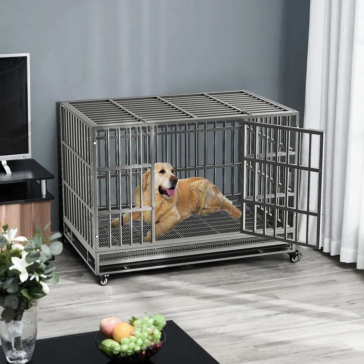 BOSSIN 48/38 Zoll Schwerlast-Hundebox, unverwüstlich, ausbruchsicher, mit feststellbaren Rollen