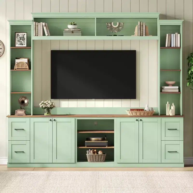 ModernLuxe 4-in-1 Bauernhaus Unterhaltungszentrum Wandregal, passend für Fernseher bis 70 Zoll, TV-Ständer Medienkonsole mit verstellbaren Regalen und Schubladen