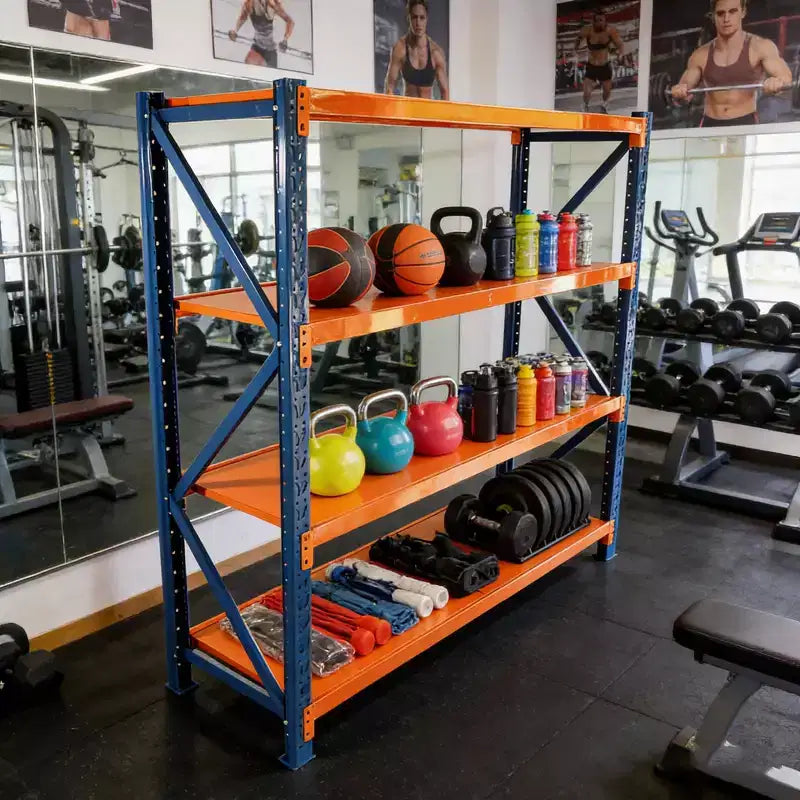 VIYET Schwerlast-Garagenregale, 4-stöckig, 2000 kg Tragkraft, verstellbares Metallregal, blau-orangefarbene Industrieregale für Geschäft/Werkzeuge/Fitnessstudio