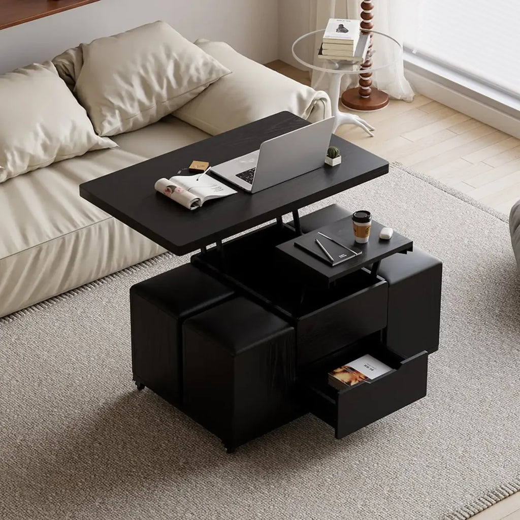 Klappbarer Couchtisch mit Liftfunktion, 4 Hockern und Stauraum