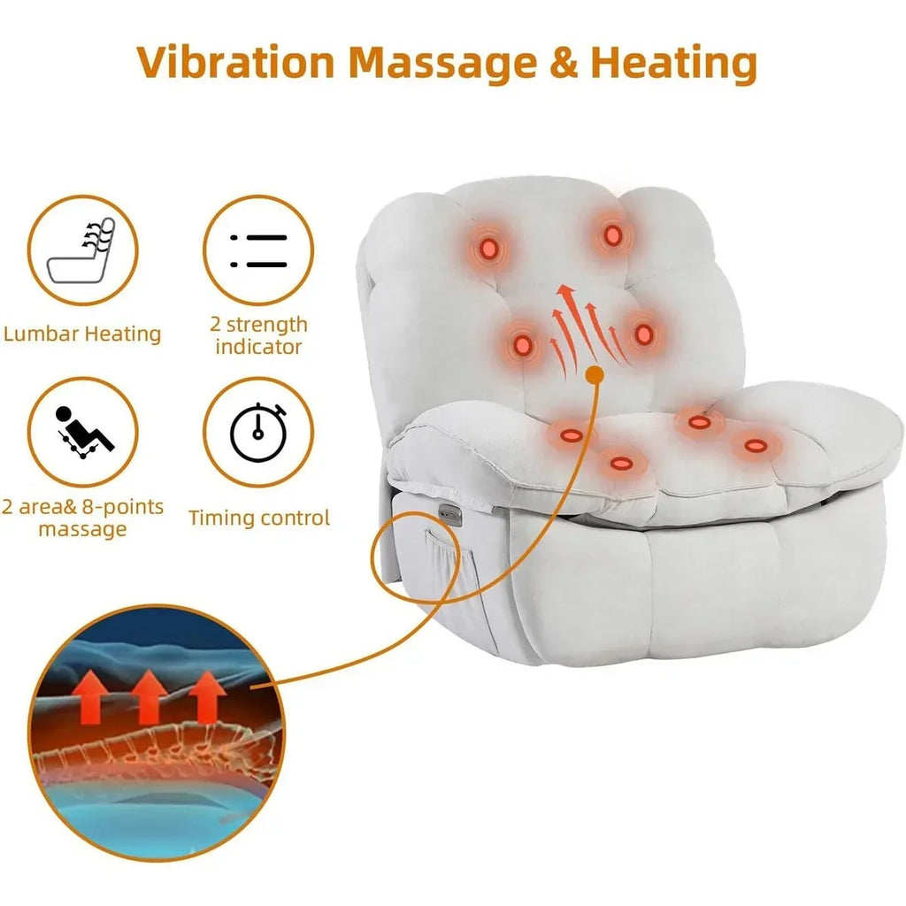 XINMICS Drehbarer elektrischer Relaxsessel, Massage-Schaukel-Liegesessel mit Heizfunktion, USB, USB-C und Seitentasche