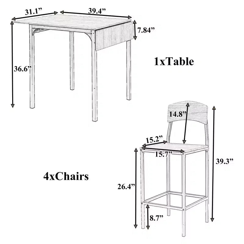 Whisen Farmhouse 5-teiliges Esstisch-Set mit Klappplatte in Thekenhöhe und Esszimmerstühlen