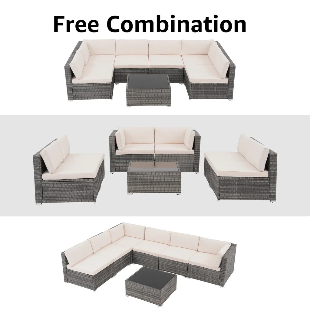 7-teiliges Outdoor-Sofa-Set aus Korbweide/Stahl mit Polstern