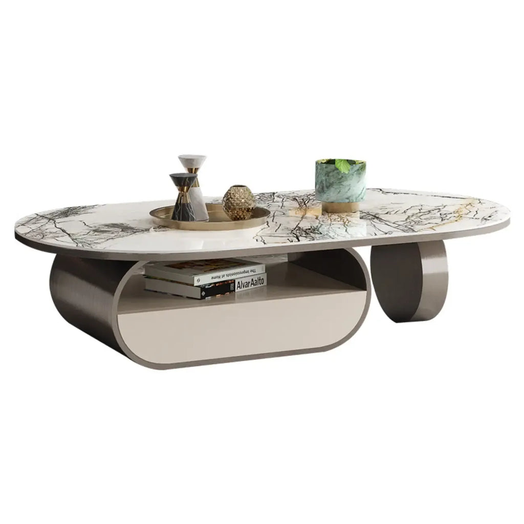 Moderner, einzigartiger ovaler Couchtisch mit Marmorplatte und Schublade