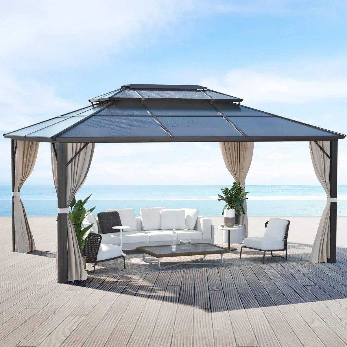 EROMMY Hardtop-Pavillon, Outdoor-Pergola mit Doppeldach & Netzen & Vorhängen, Hochleistungs-Canopy für Terrasse, Garten, Poolparty