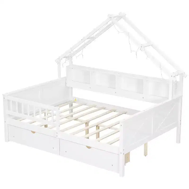 Hausbettgestell in voller Größe mit Schubladen, Haus-Plattformbett mit LED-Beleuchtung, Ablagefächern und Schubladen, Tagesbett aus Holz mit Dach und Geländer