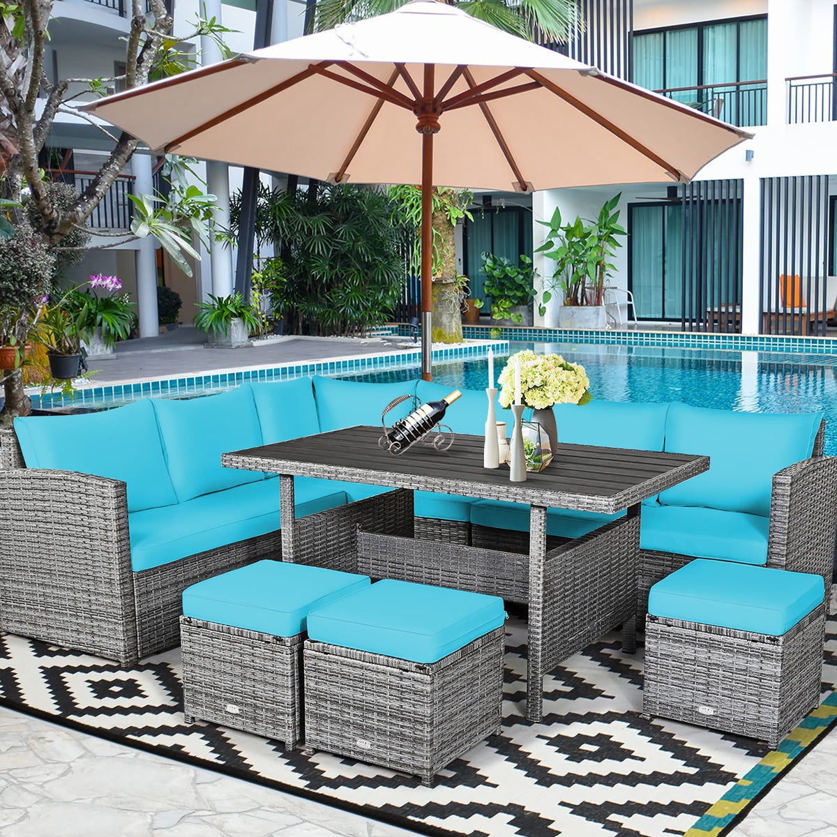 Costway 7-teiliges Terrassen-Essgruppe Rattan-Sofa Couch Ottomane – Details ansehen