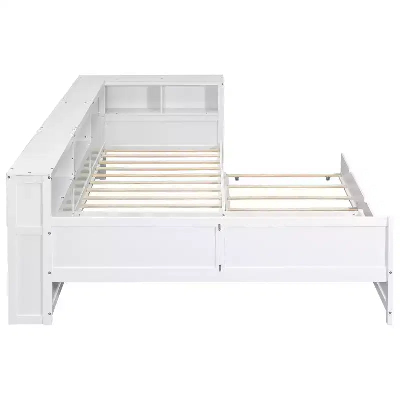 L-förmiges Plattformbett in Twin-Größe mit Rollbett und Ladestation, Holzbettgestell mit Bücherregal