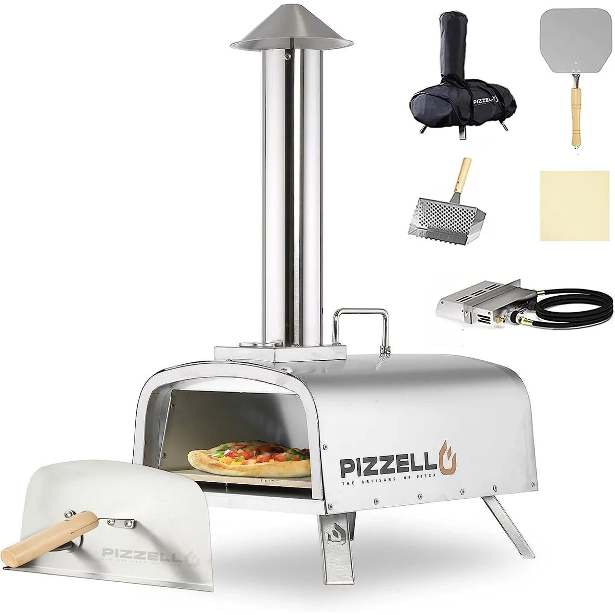Multi-Brennstoff Outdoor Pizzaofen Steinbackofen mit Gasbrenner & Holzfach - 30 cm