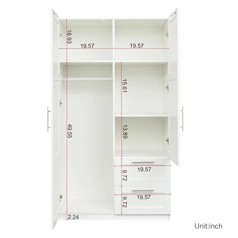 Weißer Kleiderschrank mit Türen, Schubladen und Kleiderstange
