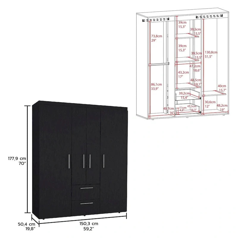 Bariloche Kleiderschrank mit Kleiderstangen, Einlegeböden, 2 Schubladen