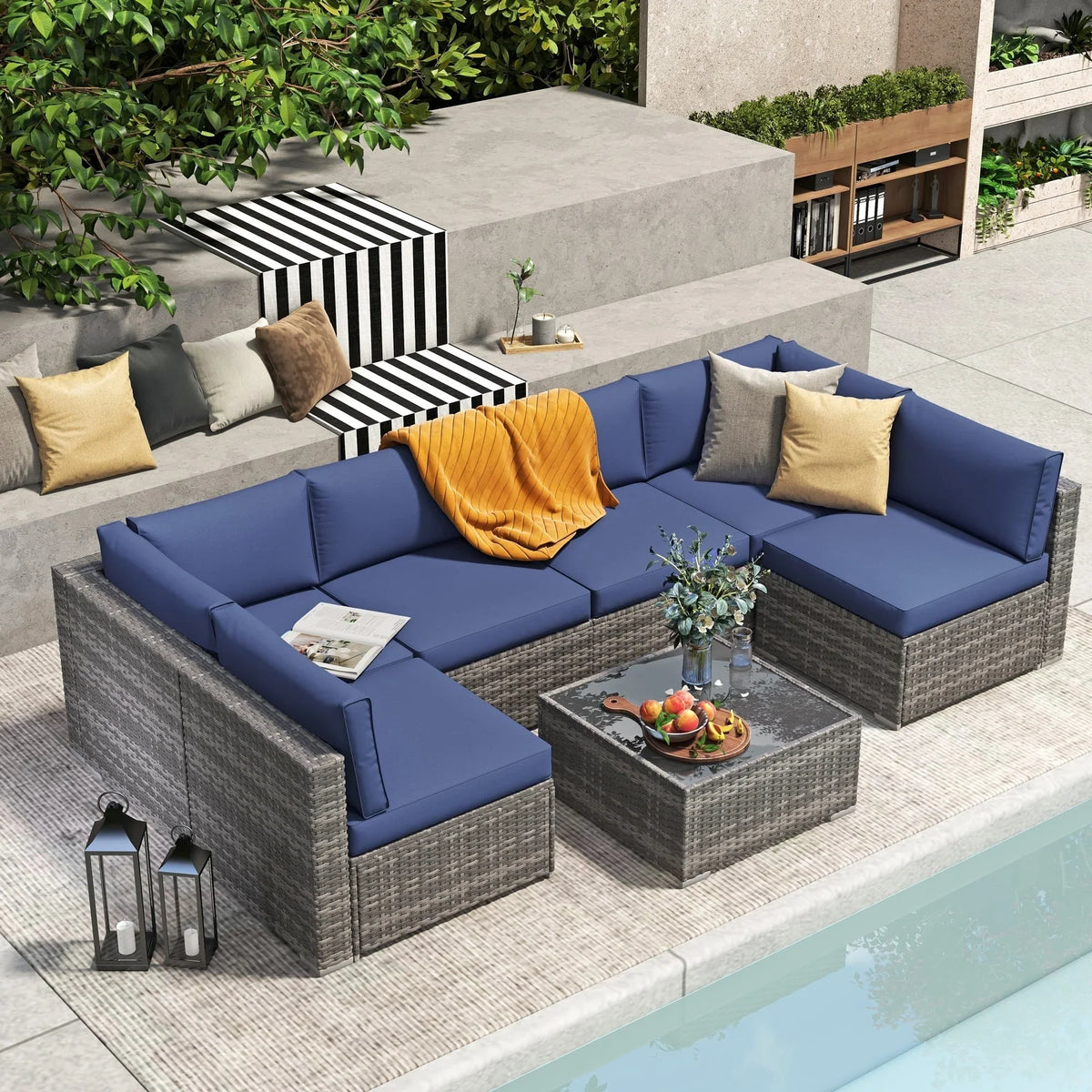 7-teiliges Outdoor-Sofa-Set aus Korbweide/Stahl mit Polstern