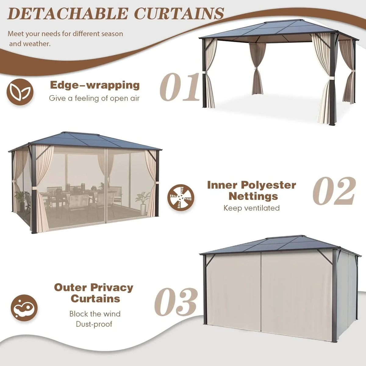 EROMMY Hardtop-Pavillon, Outdoor-Pergola mit Doppeldach & Netzen & Vorhängen, Hochleistungs-Canopy für Terrasse, Garten, Poolparty