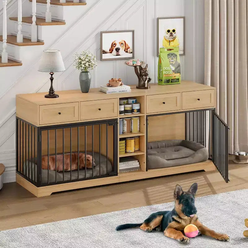 82" Doppel-Hundebox Möbel, großer Hundezwinger für 2 Hunde, robuster TV-Ständer aus Holz mit 4 Schubladen und Regalen