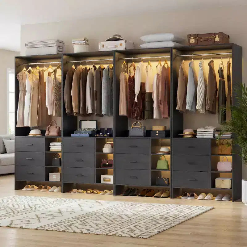 Besiost 4er-Set Kleiderschrank-Organizer mit Holzschubladen und Kleiderstangen