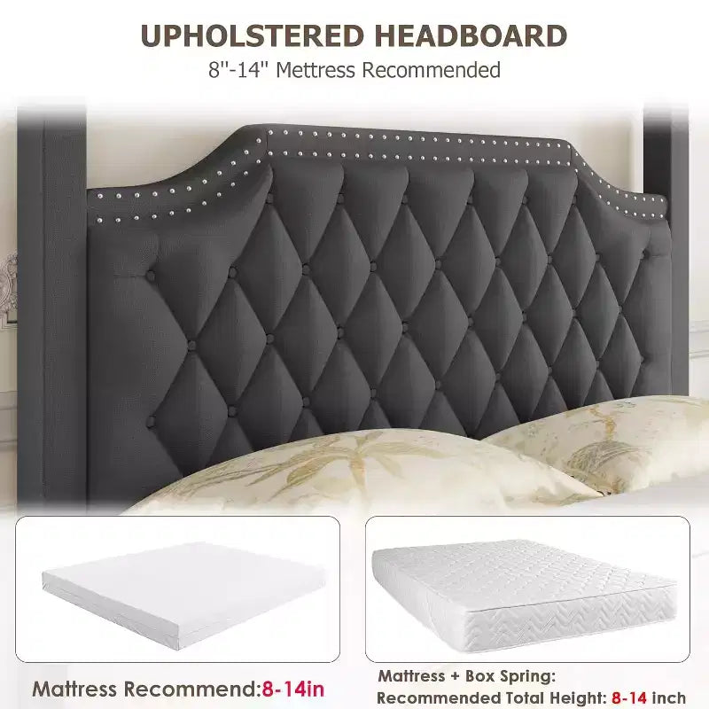 Queen-Size-Himmelbettgestell mit Pfosten, 4-Eck-Bettrahmen, Massivholzlattenrost, kein Boxspringbett erforderlich, geräuschfrei