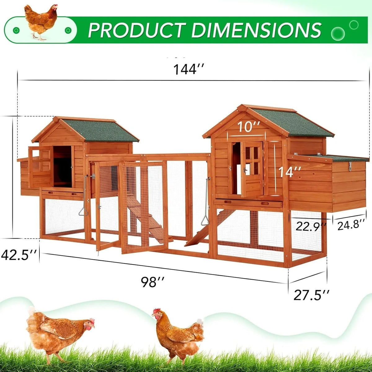 AECOJOY 144 Zoll großer Hühnerstall mit Auslauf, Holzhütte, Geflügelkäfig-Haus