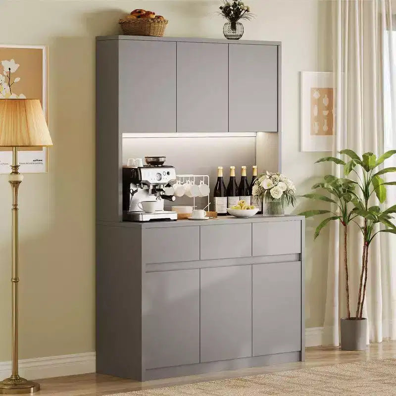 71 Zoll Küchenschrank, Aufbewahrungsschrank mit LED-Beleuchtung und Steckdosen, Buffet-Schrank mit Mikrowellenständer, verstellbare Regalböden