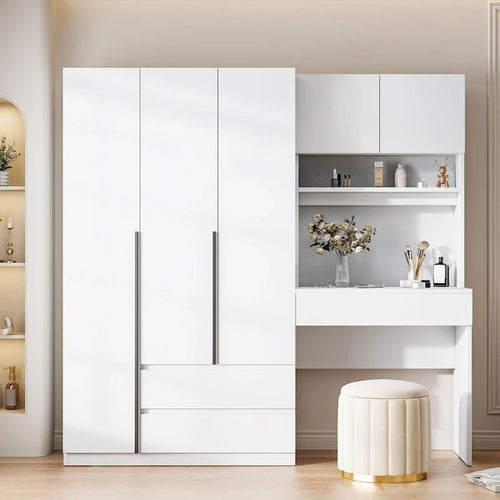 3-in-1 Kleiderschrank mit Schminktisch, Schreibtisch-Set, Schlafzimmer-Schrank mit 2 Schubladen, 3-türiger Aufbewahrungsschrank mit Schreibtisch