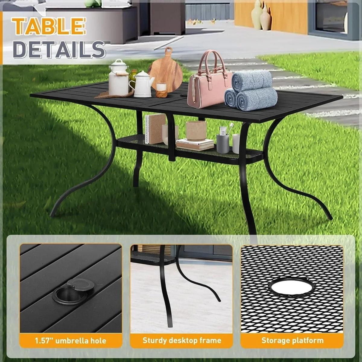 SUNCROWN Garten-Essgruppe 5/7-teilig, Stahl, Tisch mit Metalllatten und stapelbaren Stühlen, pulverbeschichteter Rahmen