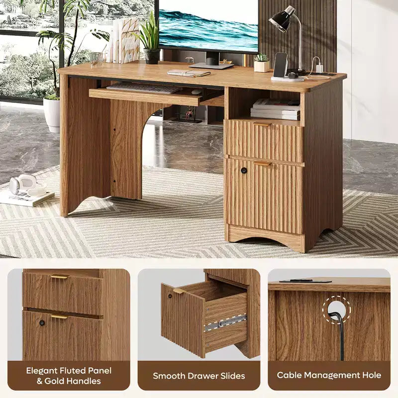 Bestier 55 Smart Computertisch, Eiche Schreibtisch mit Aktenschubladen und Steckdose, Chefschreibtisch mit offenem Stauraum und Tastaturauszug