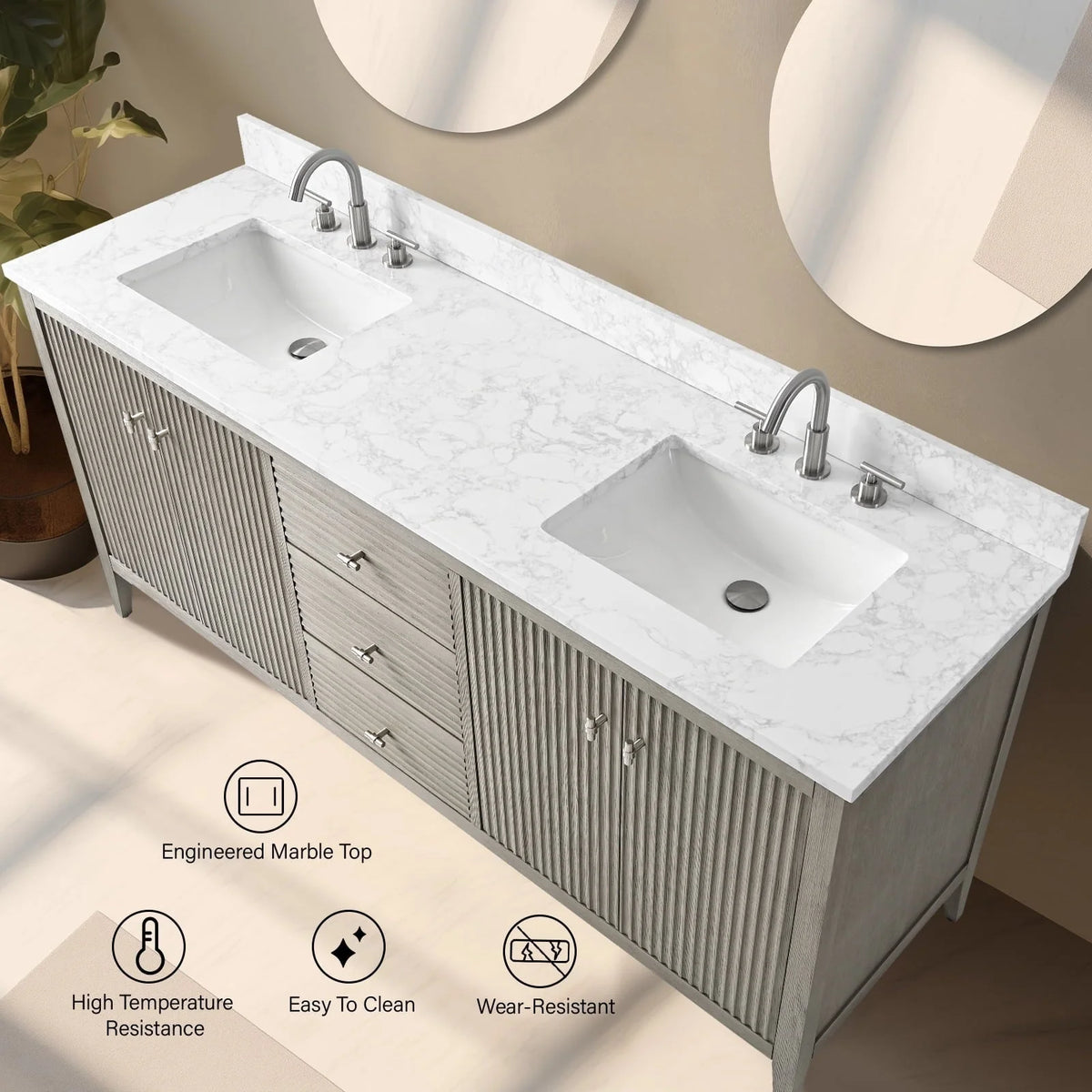 Vanity Art 72 Zoll Badezimmer-Waschtischunterschrank mit Doppelwaschbecken und Kunstmarmorplatte
