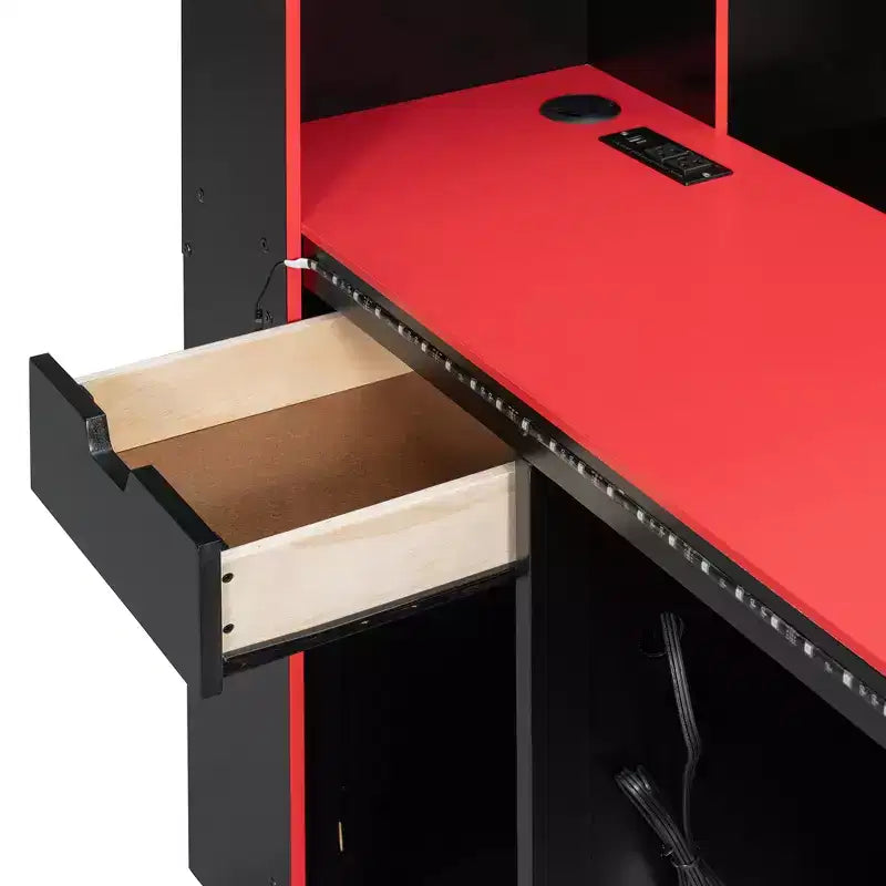 Gaming-Tagesbett (Queen-Size/Full-Size) mit Kopfteilregal, LED-Beleuchtung, integriertem Schreibtisch, Schubladen und Ladestation