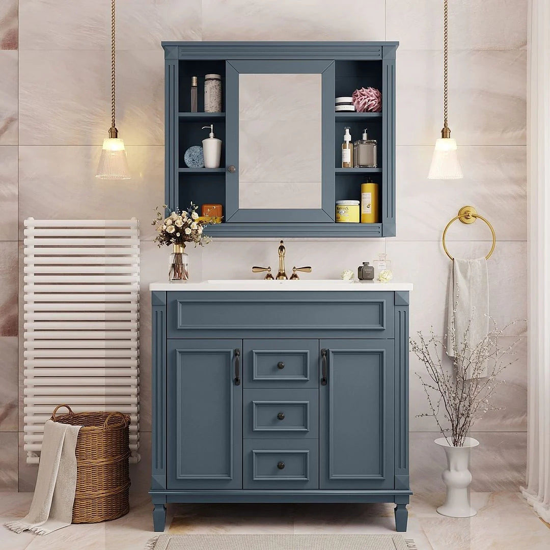 Moderner 36'' Badschrank mit Aufsatzwaschbecken und Spiegelschrank, 2 Türen und 2 Schubladen