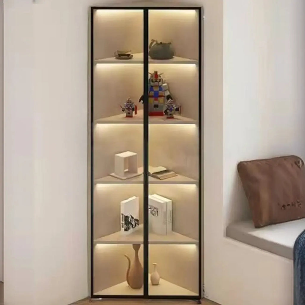 Modernes graues Eck-Standregal aus Metall und Holz mit Glastür