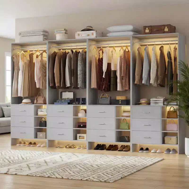 Besiost 4er-Set Kleiderschrank-Organizer mit Holzschubladen und Kleiderstangen