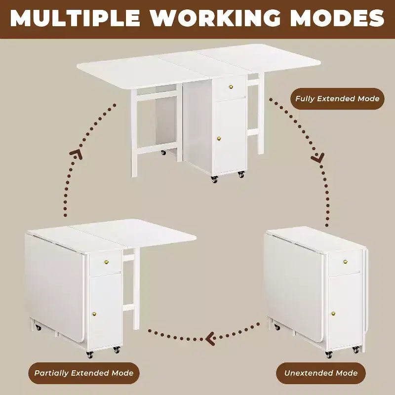 ATJafurn 59'' Klappbarer Esstisch mit Klappplatten für kleine Räume, rechteckiger, ausziehbarer Küchentisch aus Holz mit Rollen und Stauraum
