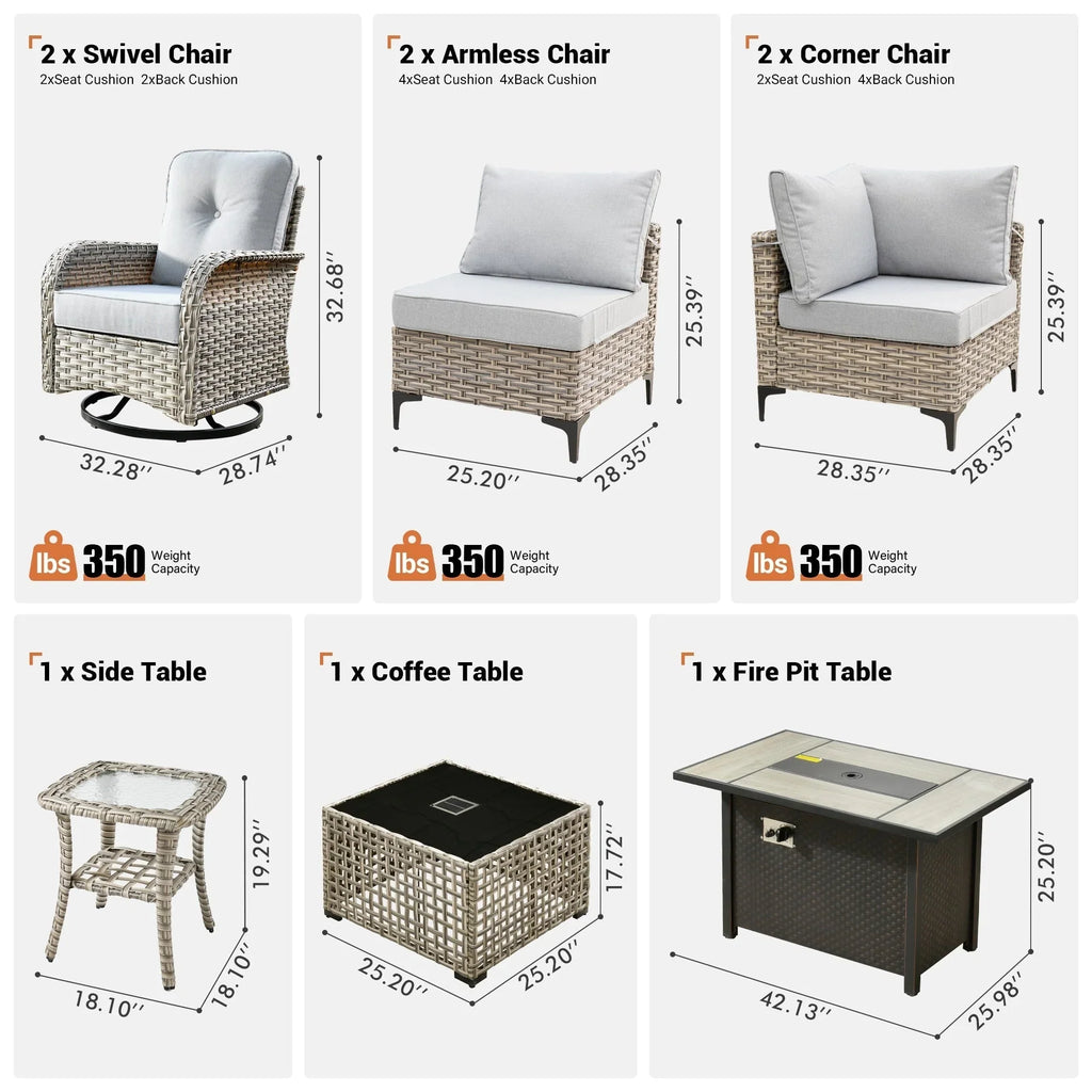 OVIOS 9-teiliges Gartenmöbel-Set aus Korbsessel und Feuertisch