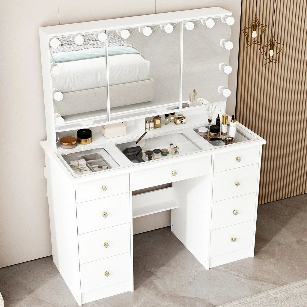 Schminktisch mit Dreifach-Spiegel, zertifizierter Beleuchtung und Glasplatte