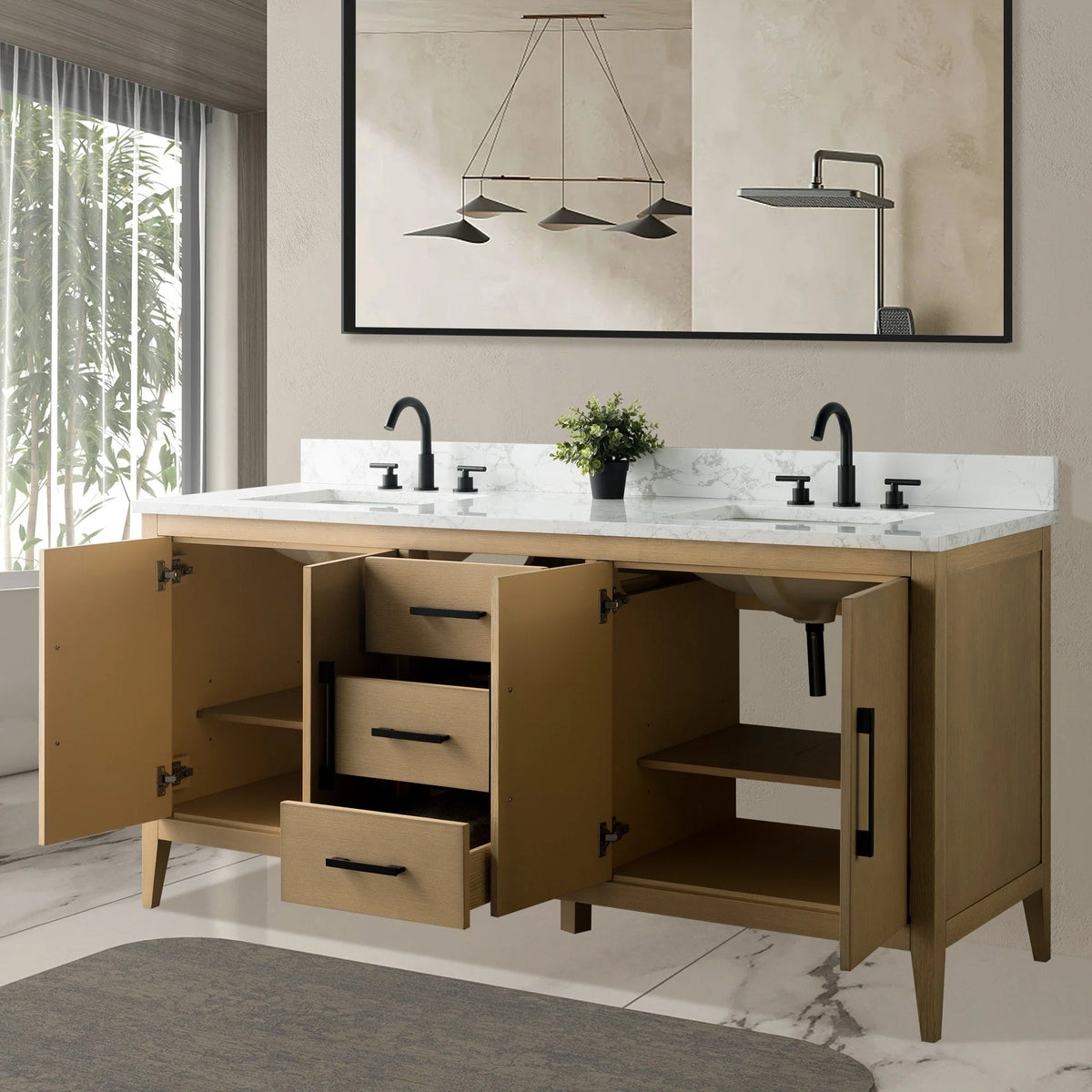 Vanity Art 72 Zoll Badezimmer-Waschtischunterschrank mit Doppelwaschbecken und Kunstmarmorplatte