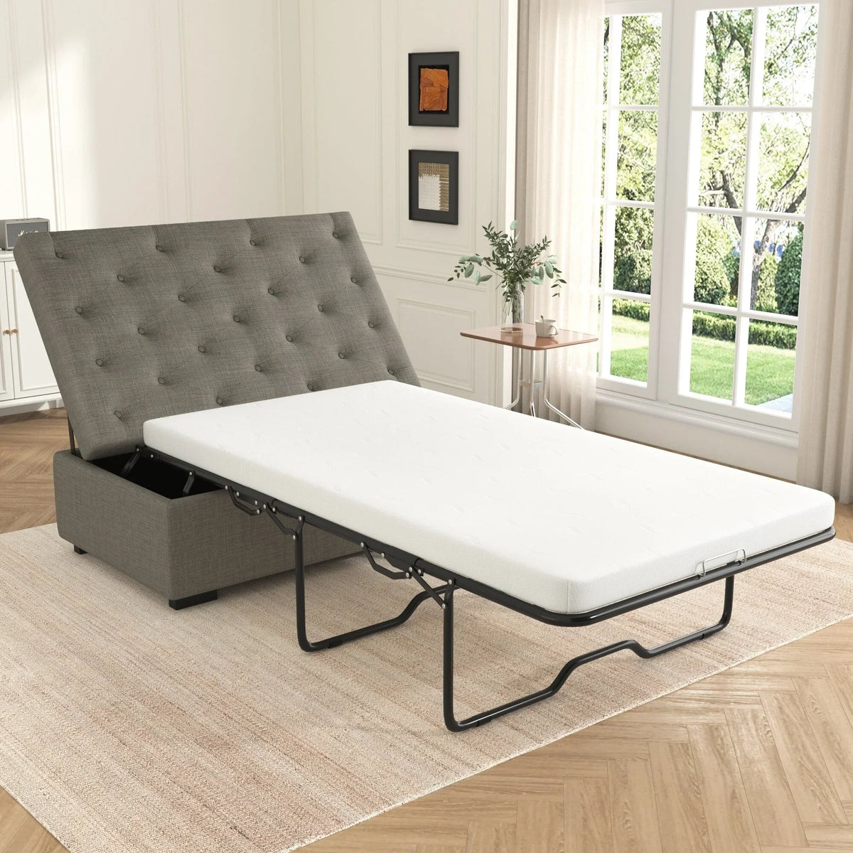 Klappsofa, 126 cm breiter Ottoman mit Klappsofa, wandelbarer Ottoman-Schlafsessel mit Memory-Matratze und getuftetem Design