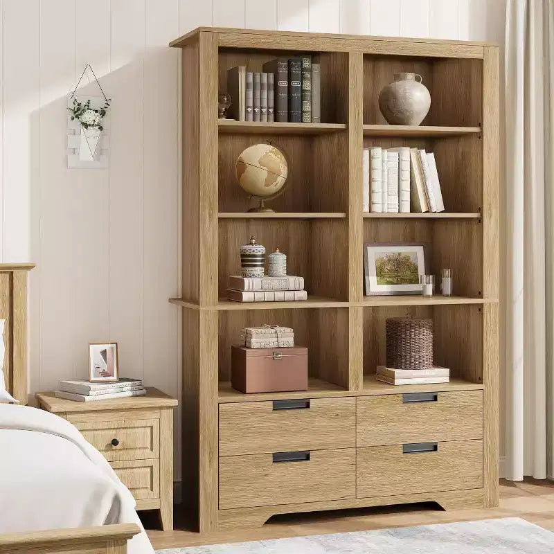 72" hohes Bücherregal mit 4 Schubladen, freistehendes Bauernhaus-Regal für Schlafzimmer, Wohnzimmer, Heimbüro