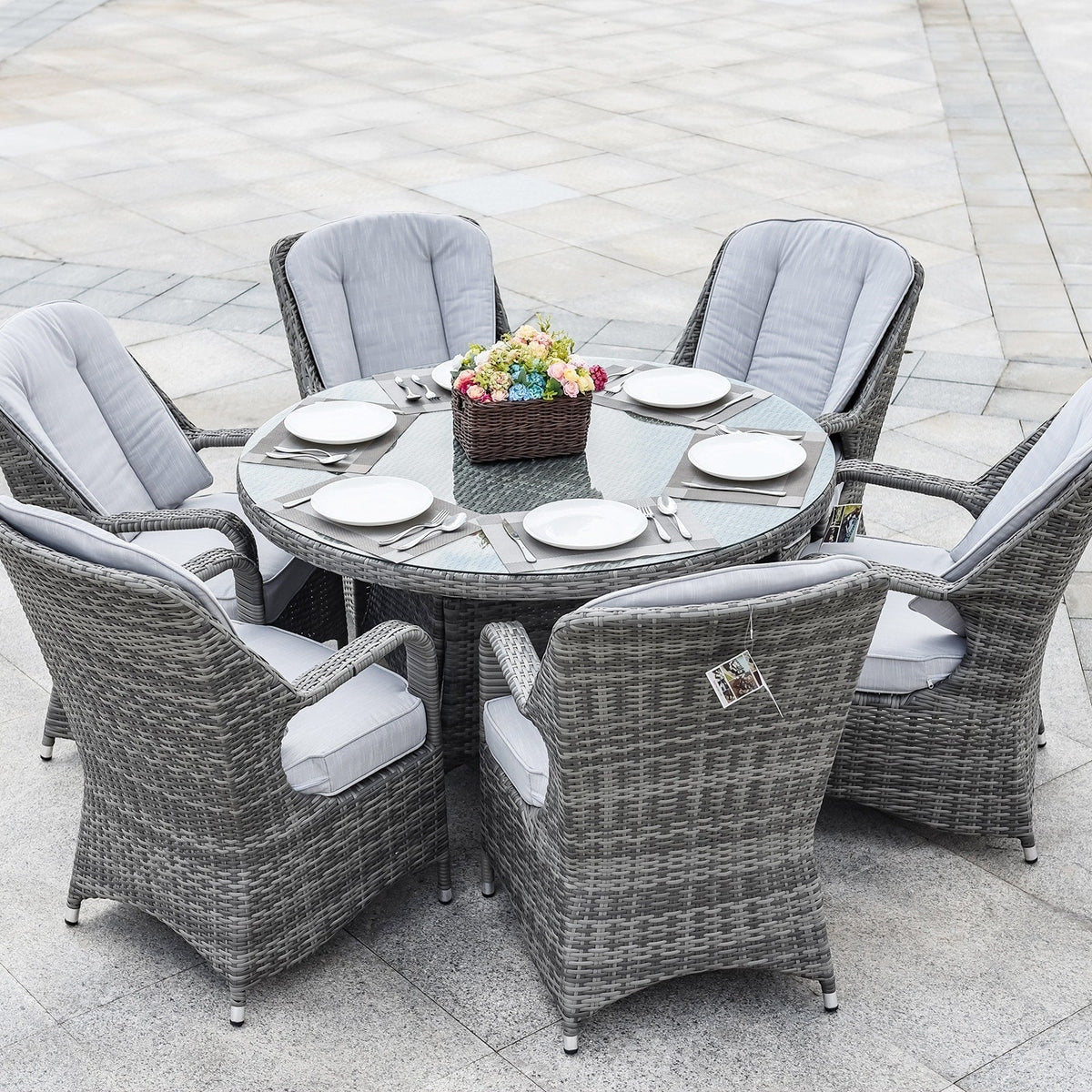 7-teiliges Garten-Essgruppe aus Rattan mit runden Kissen von Moda Furnishings