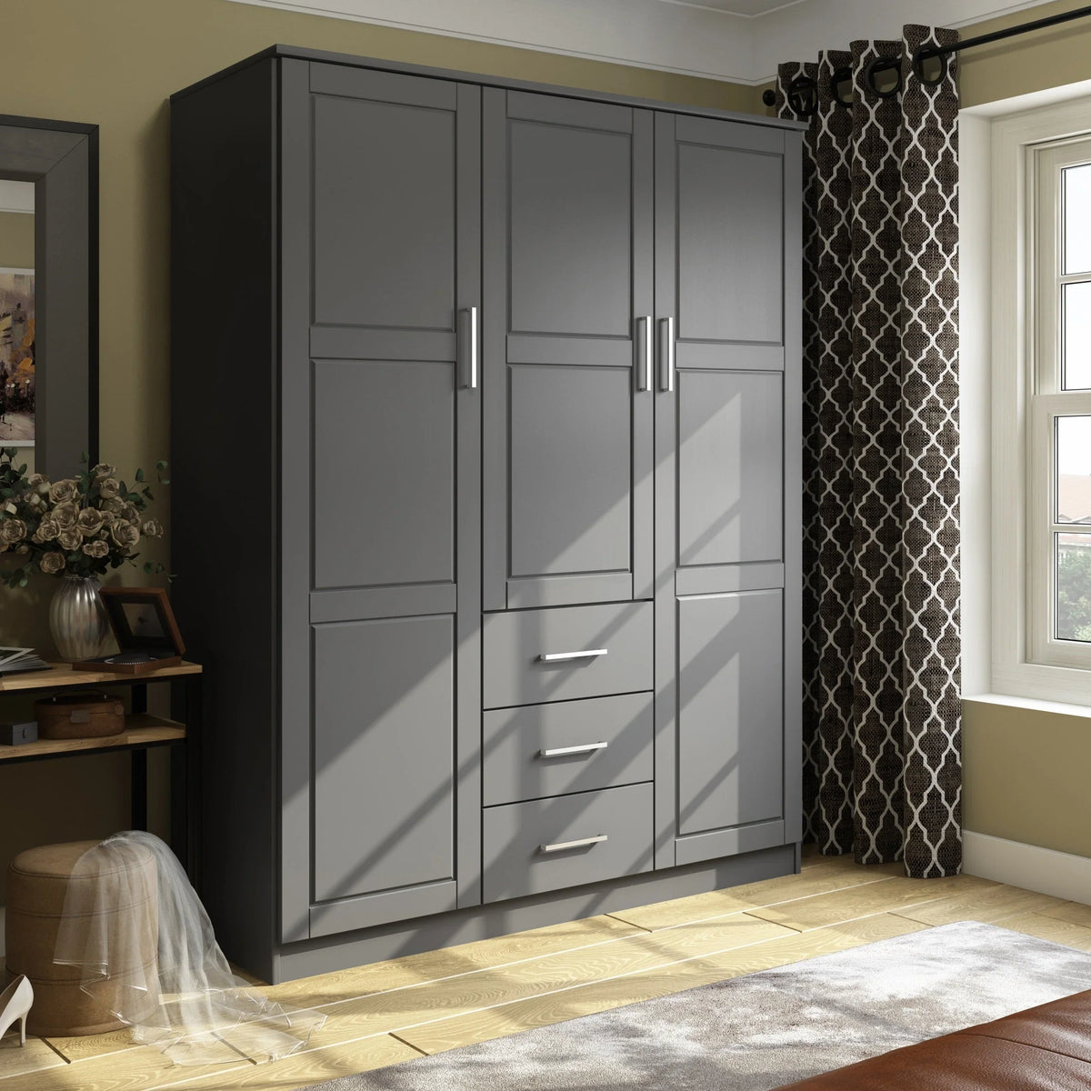 Palace Imports 100% Massivholz Cosmo Kleiderschrank mit 3 Türen mit Massivholz- oder Spiegeltüren
