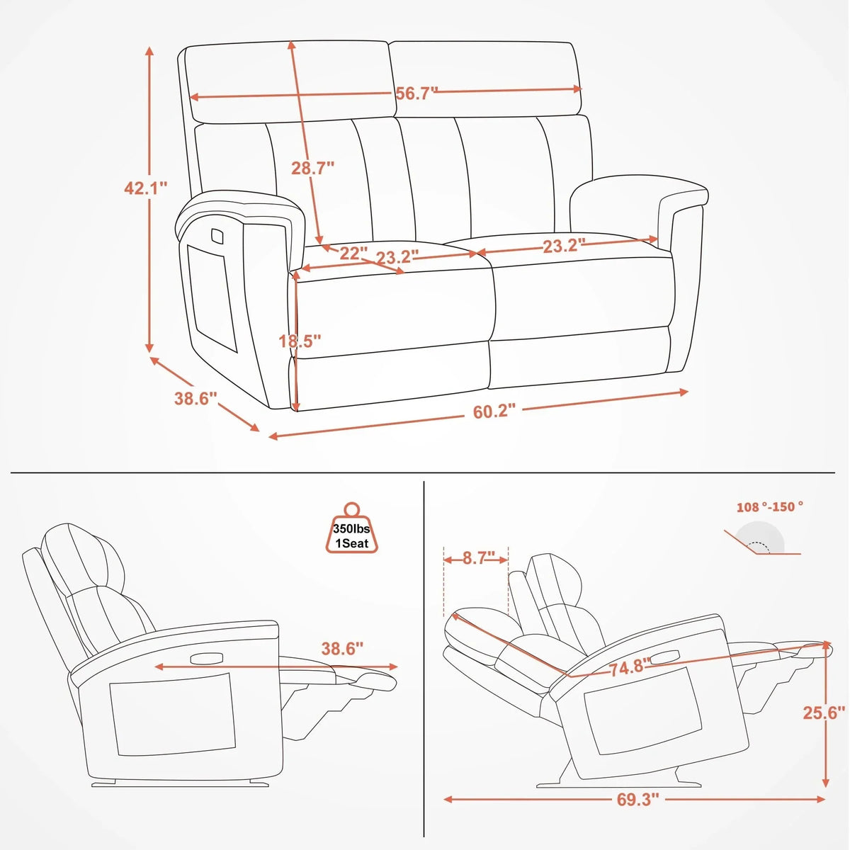 MCombo 60.2 Power Loveseat Relaxsofa mit Massage und zweifacher Heizung, verstellbarer Kopfstütze, USB- & Typ-C-Anschluss, Stoff