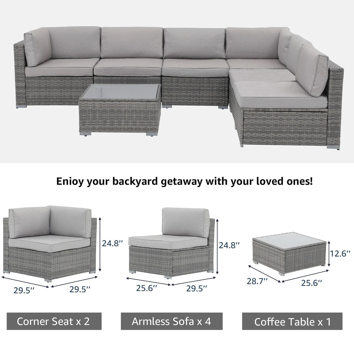 7-teiliges Outdoor-Sofa-Set aus Korbweide/Stahl mit Polstern