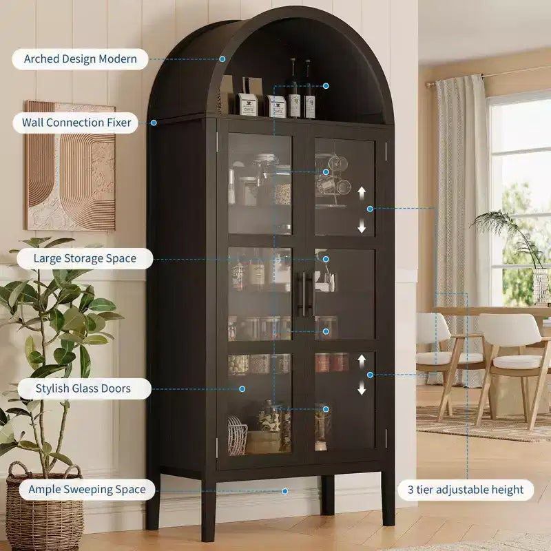Aufbewahrungsschrank, Schwarz/Weiß, Bogenstil, Einzeln, 71 hoch mit LED-Beleuchtung & Glastüren