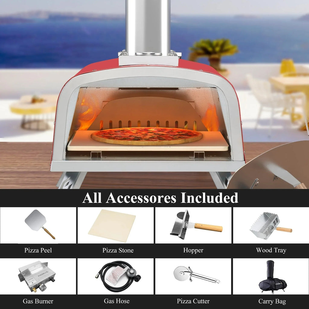 Multi-Brennstoff Outdoor Pizzaofen Steinbackofen mit Gasbrenner & Holzfach - 30 cm