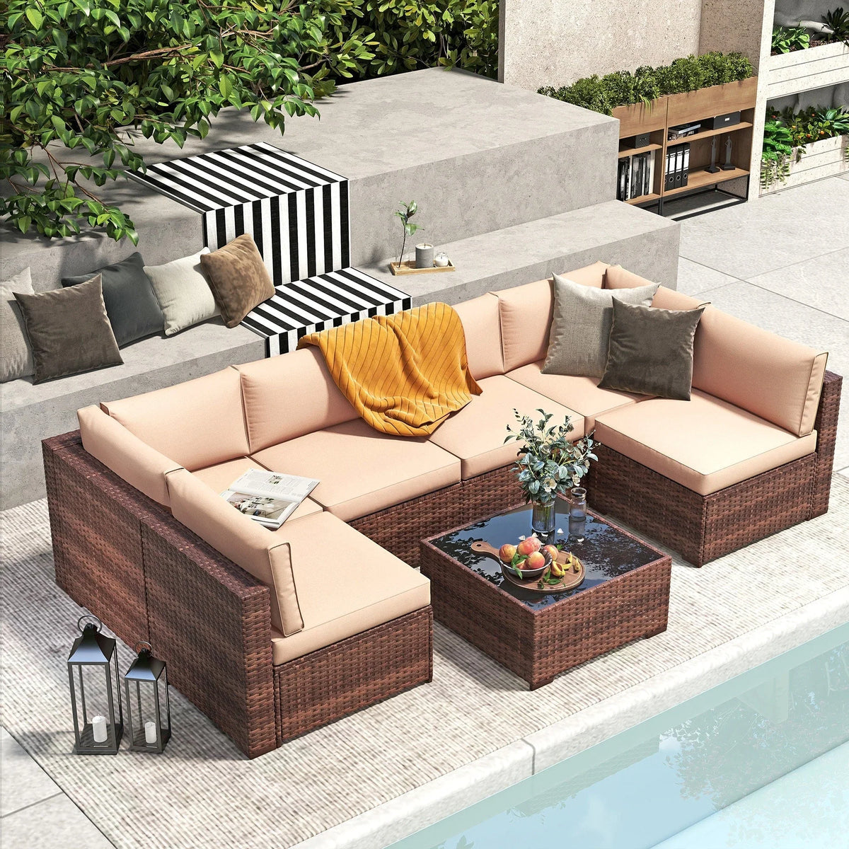 7-teiliges Outdoor-Sofa-Set aus Korbweide/Stahl mit Polstern