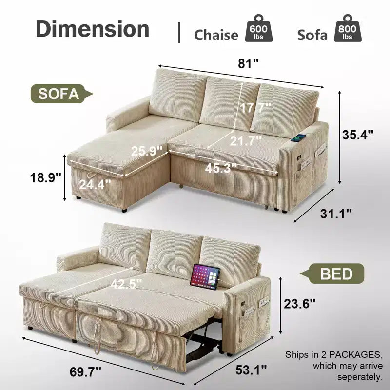 Dyonery 81 Sektional-Schlafsofa, L-förmige Ausziehcouch mit beidseitigem Stauraum, USB, verstellbare Rückenlehne