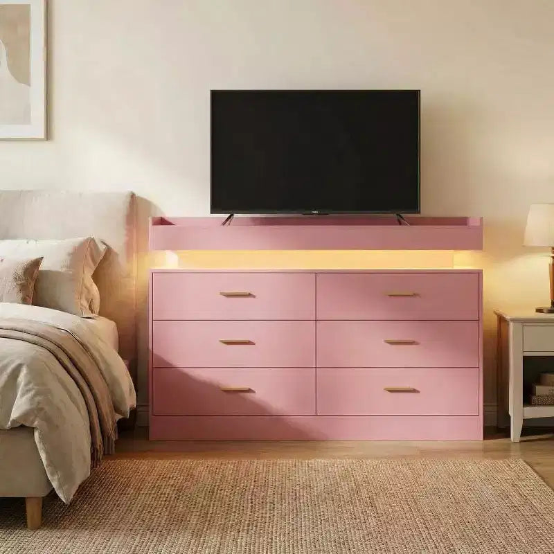 Moderner TV-Schrank mit 6 Schubladen & LED-Beleuchtung, schwebende Arbeitsplatte als Kaffeebar für Wohnzimmer Entertainment Center