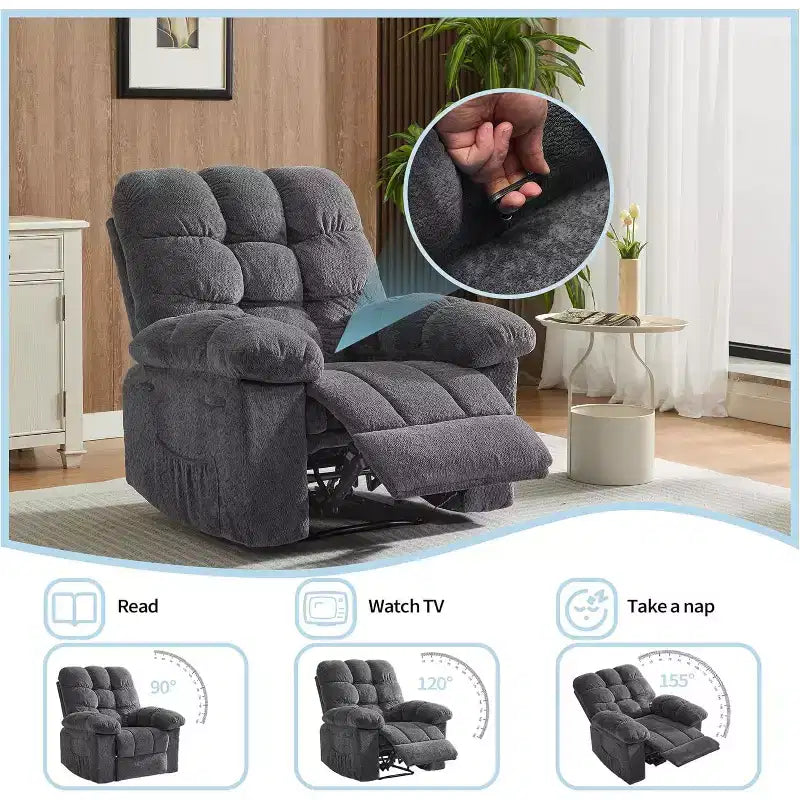 Manueller Relaxsessel, ergonomischer, atmungsaktiver Stoff-Relaxliege mit Seitentaschen, Einzelsessel, geeignet für Wohnzimmer Schlafzimmer